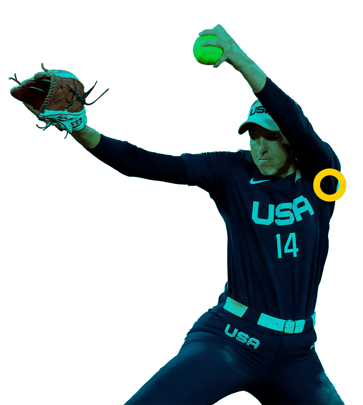 En la foto, un jugador de softbol con la pelota en la mano y la otra con su guante.