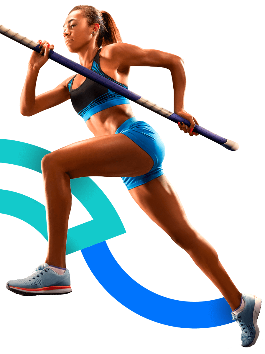 In the picture, a female athlete runs holding a pole vault and is about to jump.