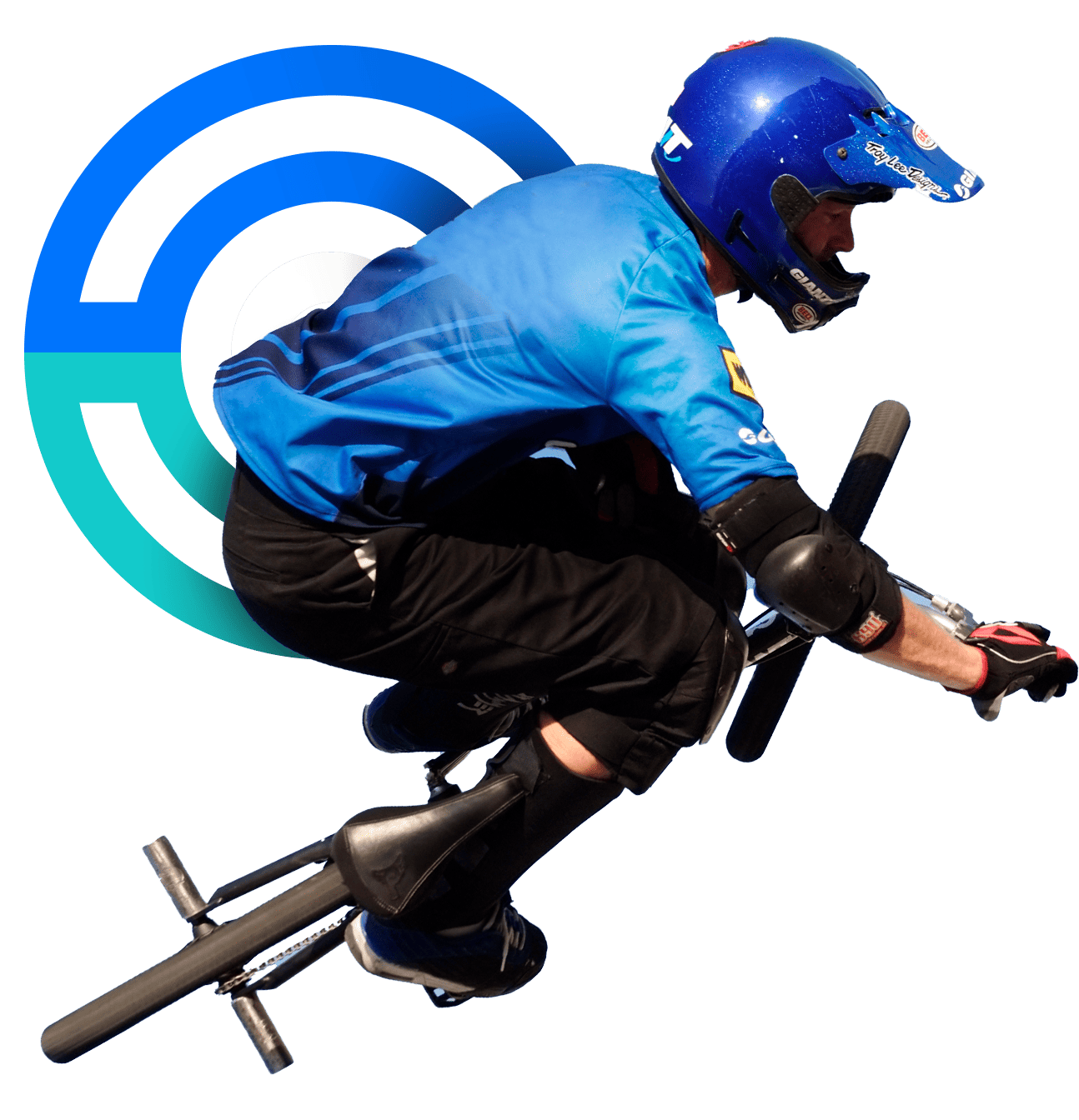 In the image, a male cyclist is making stunts with his BMX. His helmet and clothing are blue. He is wearing the characteristic protection of the discipline.