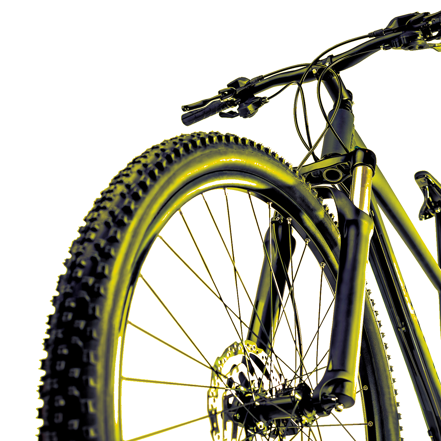 In the picture, the wheel, handlebar and frame of a mountain bike can be appreciated. Is black and it has the suspension to participate in this discipline.