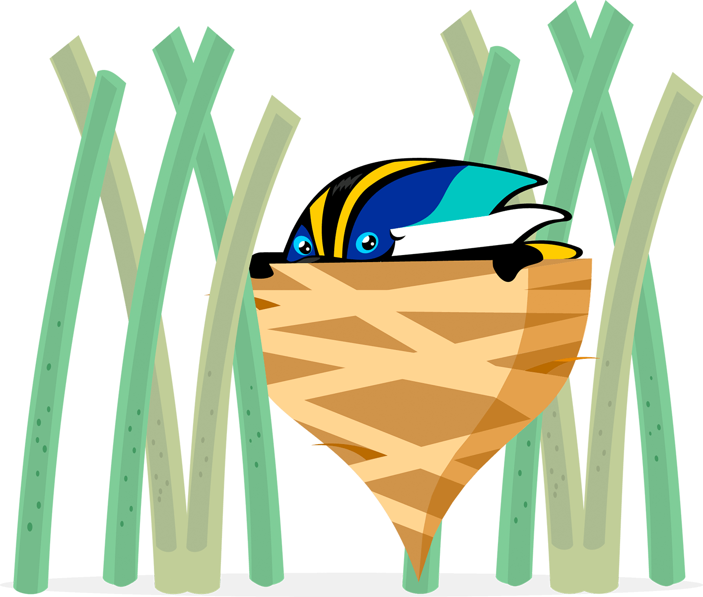 Los humedales son el hábitat natural de Fiu, aparece dentro de su nido que es hecho por juncos. El pájaro de siete colores está dentro del nido y sólo podemos ver que se asoma, mostrándonos sus pequeño y juguetones ojos y sus dos alas, con algunas hojas verdes de su hábitat. 