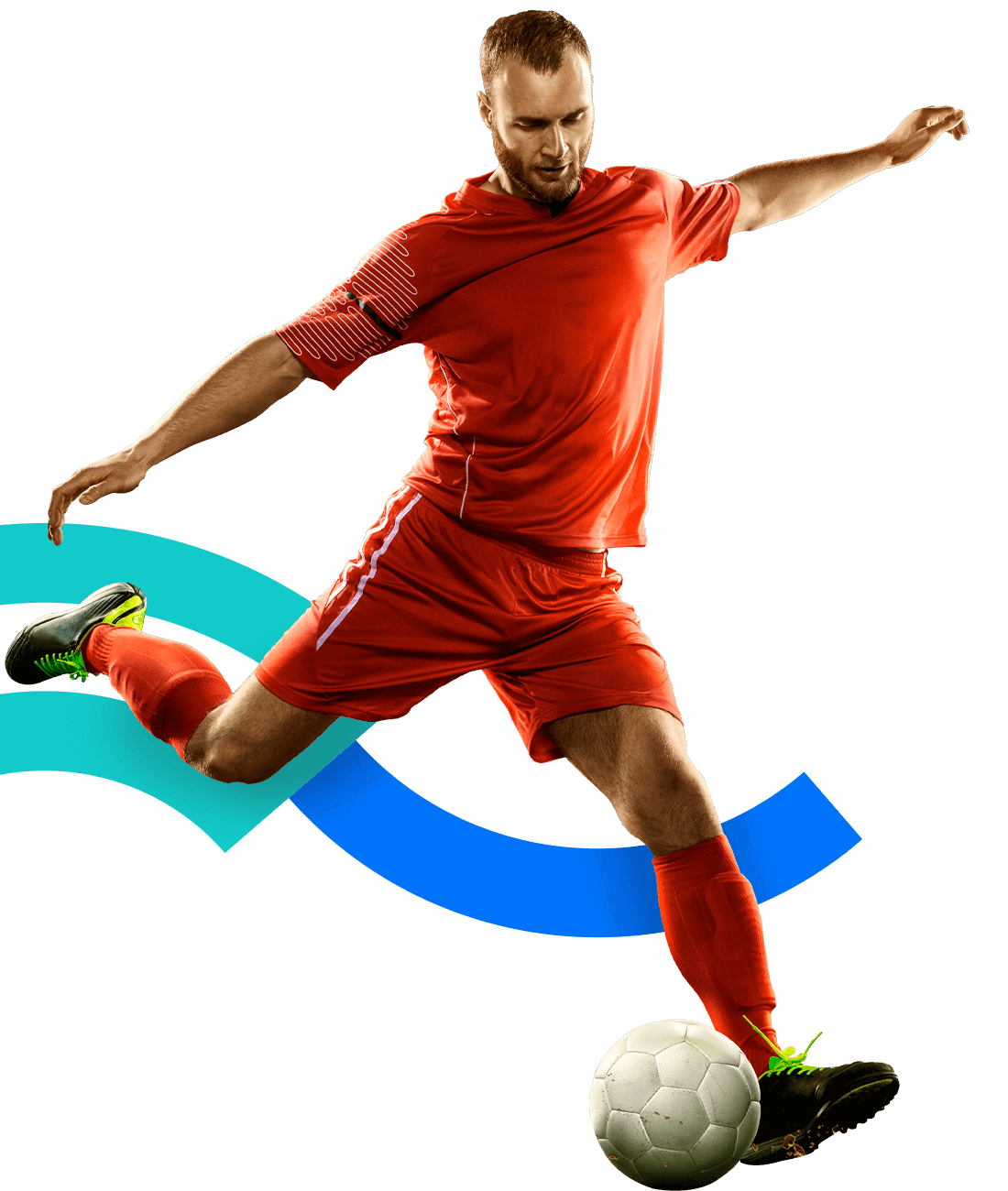 In the picture, a male football player kicks a ball. He extends his arms and legs. He is wearing a red uniform.
