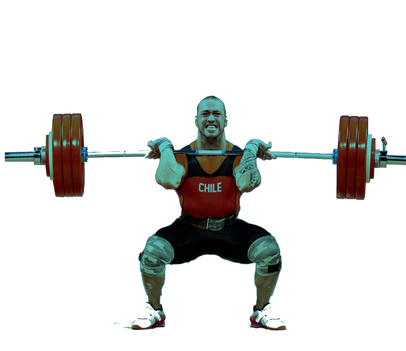 In the picture, there is a male weightlifter holding a bar above his head.