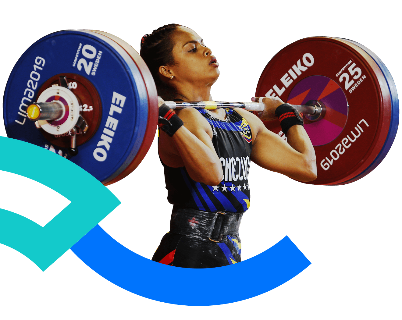 In the picture, a female weightlifter is holding a bar above her shoulders.
