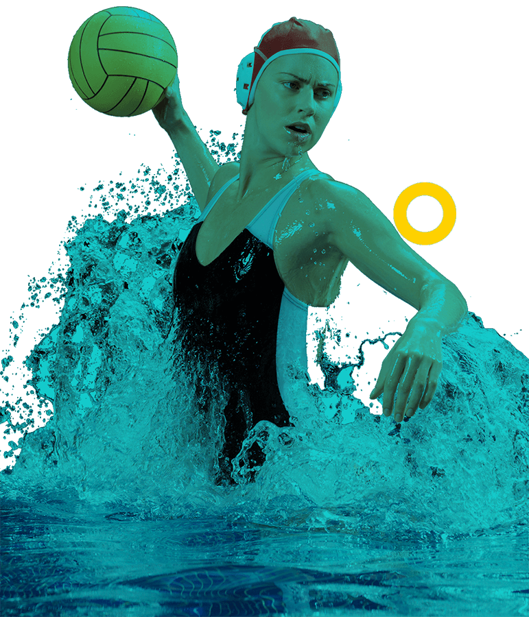 In the picture, a female water polo player about to throw the ball.
