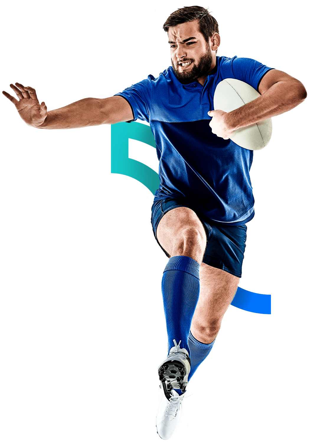 En la foto un jugador de rugby sosteniendo el balon con el gesto de alejar a los rivales.