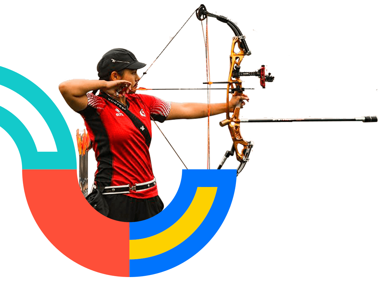 A female archery athlete about to shoot.