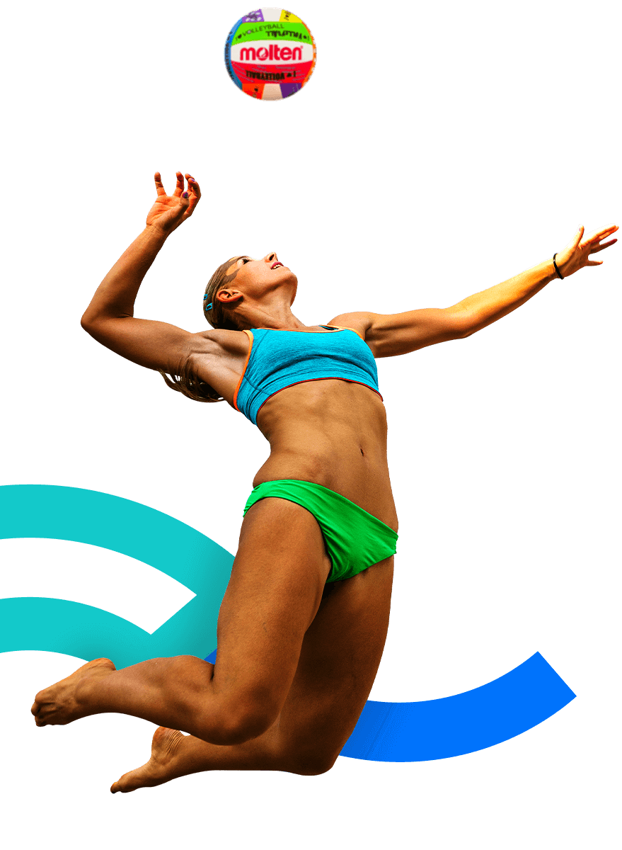 En la foto, una voleibolista de playa suspendida en el aire a punto de golpear el balón.