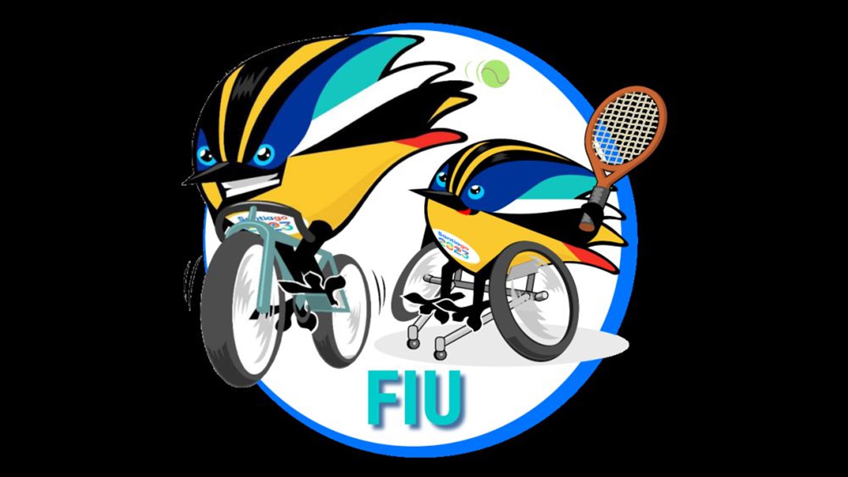  Gráfica negra con dos versiones de Fiu compitiendo: uno en bicicleta y otra tenis en silla de ruedas.
