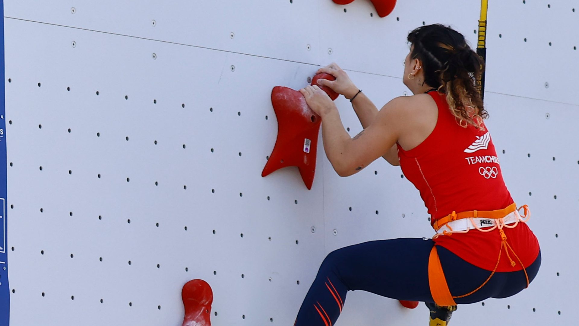 Anahi Riveros competes during the Sport Climbing test event day 1 at the Muros de Escalada Parque Cerrillos sports center on October 6th, 2023, in Santiago, Chile.
