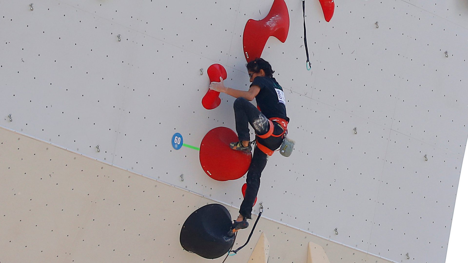 Ignacia Mellado competes during the Lead Climbing test event, day 2, at the Muros de Escalada Parque Cerrillos sports center on October 7th, 2023, in Santiago, Chile.